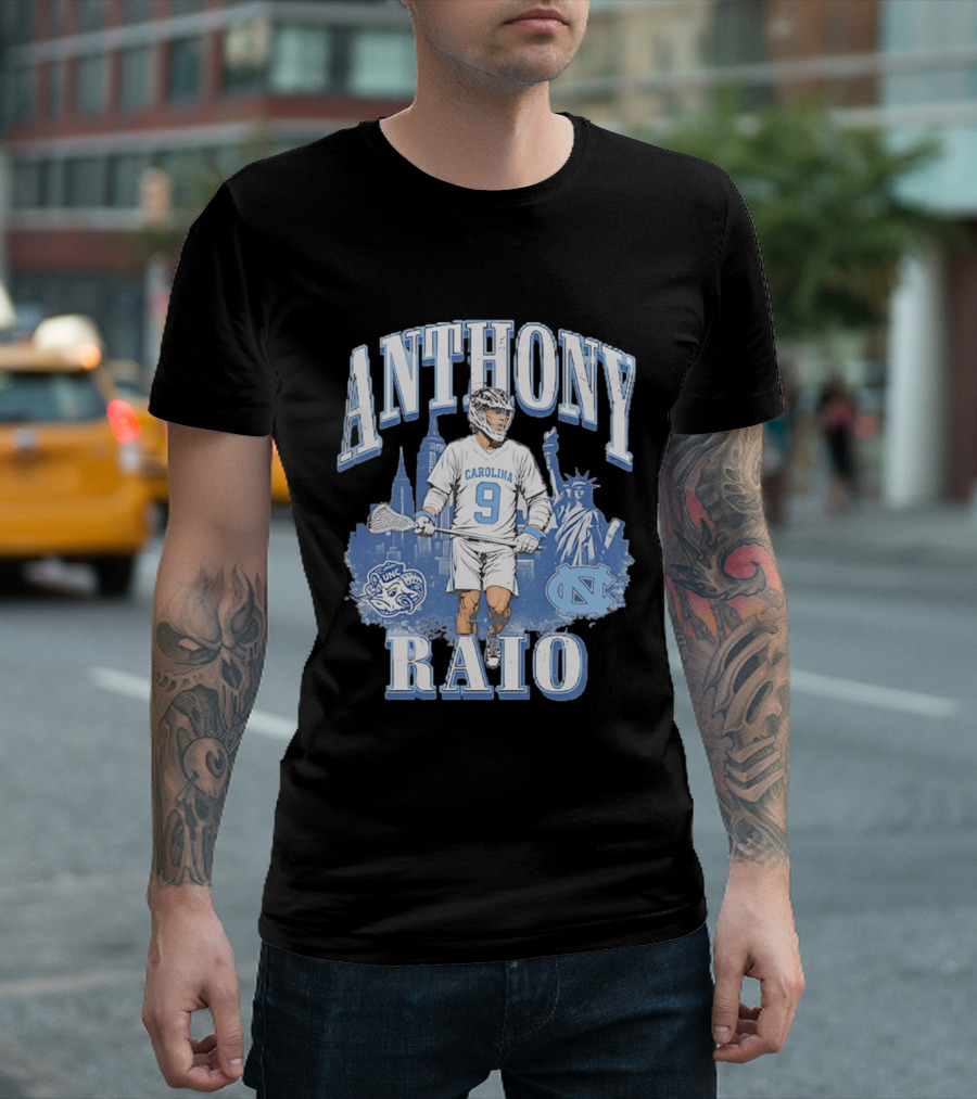 Anthony Raio Carolina 9 Lacrosse UNC Skyline Statue NYC T-Shirt