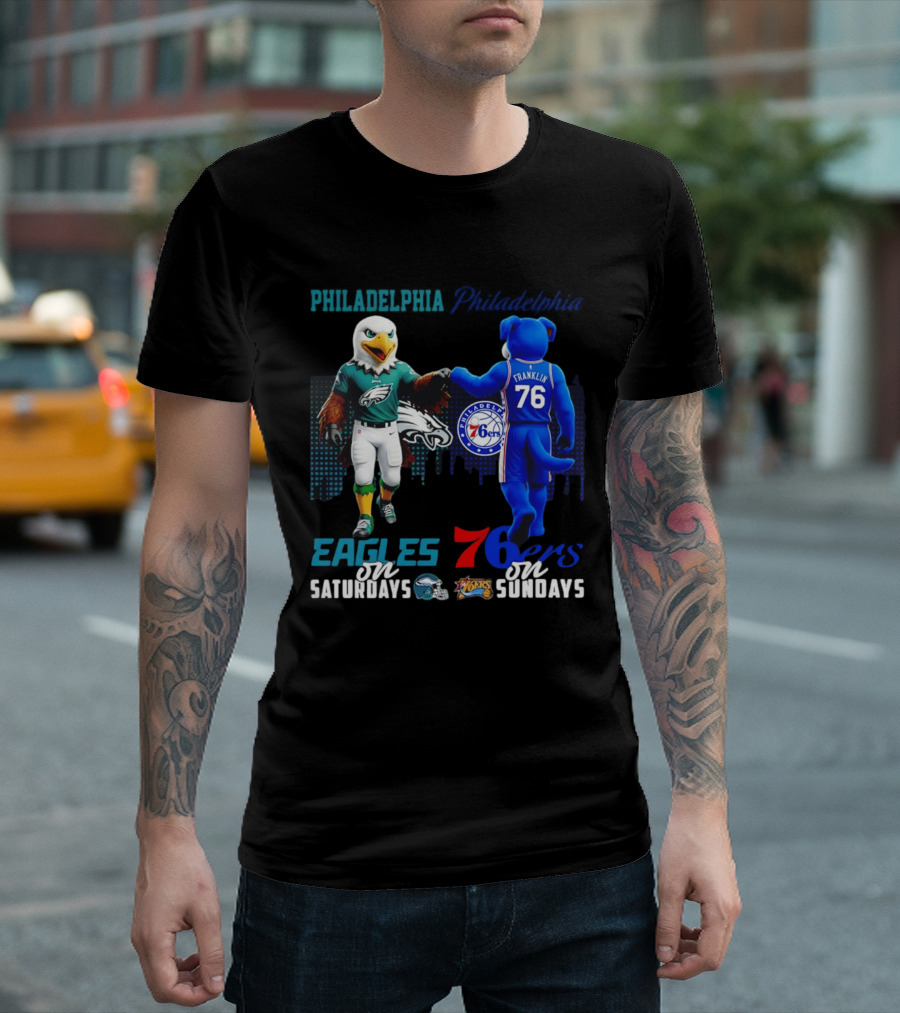 Philadelphia Eagles Vs 76ers Franklin Mascots Saturdays Sundays City Skyline T-Shirt