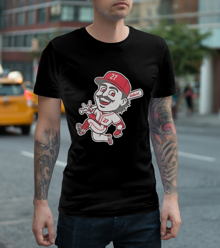 Cincinnati Reds Sal Stewart Number 27 Cartoon Player With Salbert Bat T-Shirt