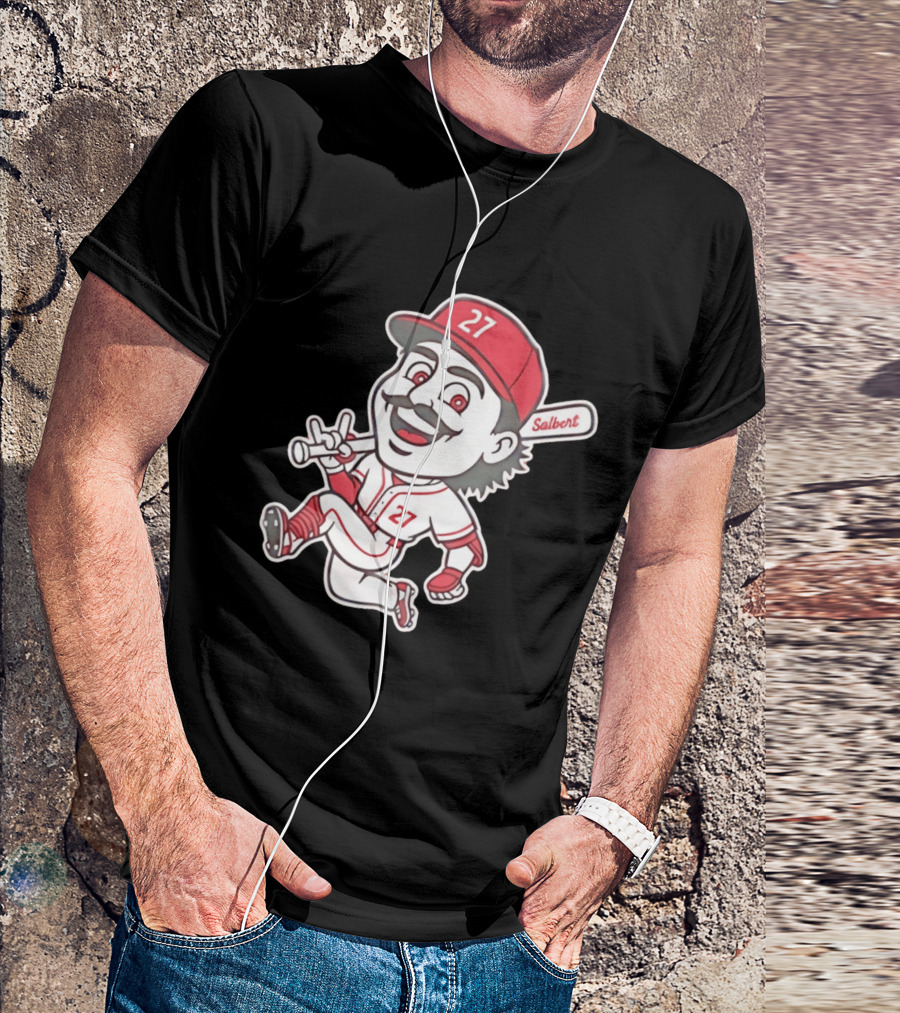 Cincinnati Reds Sal Stewart Number 27 Cartoon Player With Salbert Bat T-Shirt