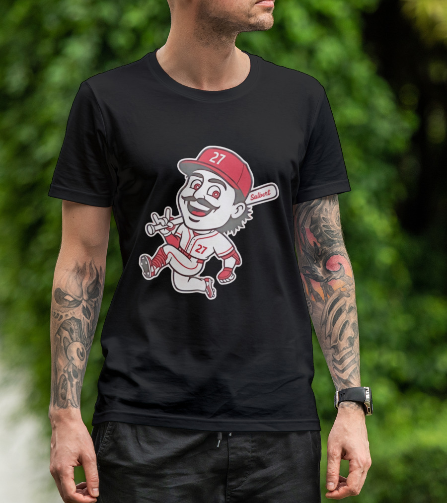 Cincinnati Reds Sal Stewart Number 27 Cartoon Player With Salbert Bat T-Shirt