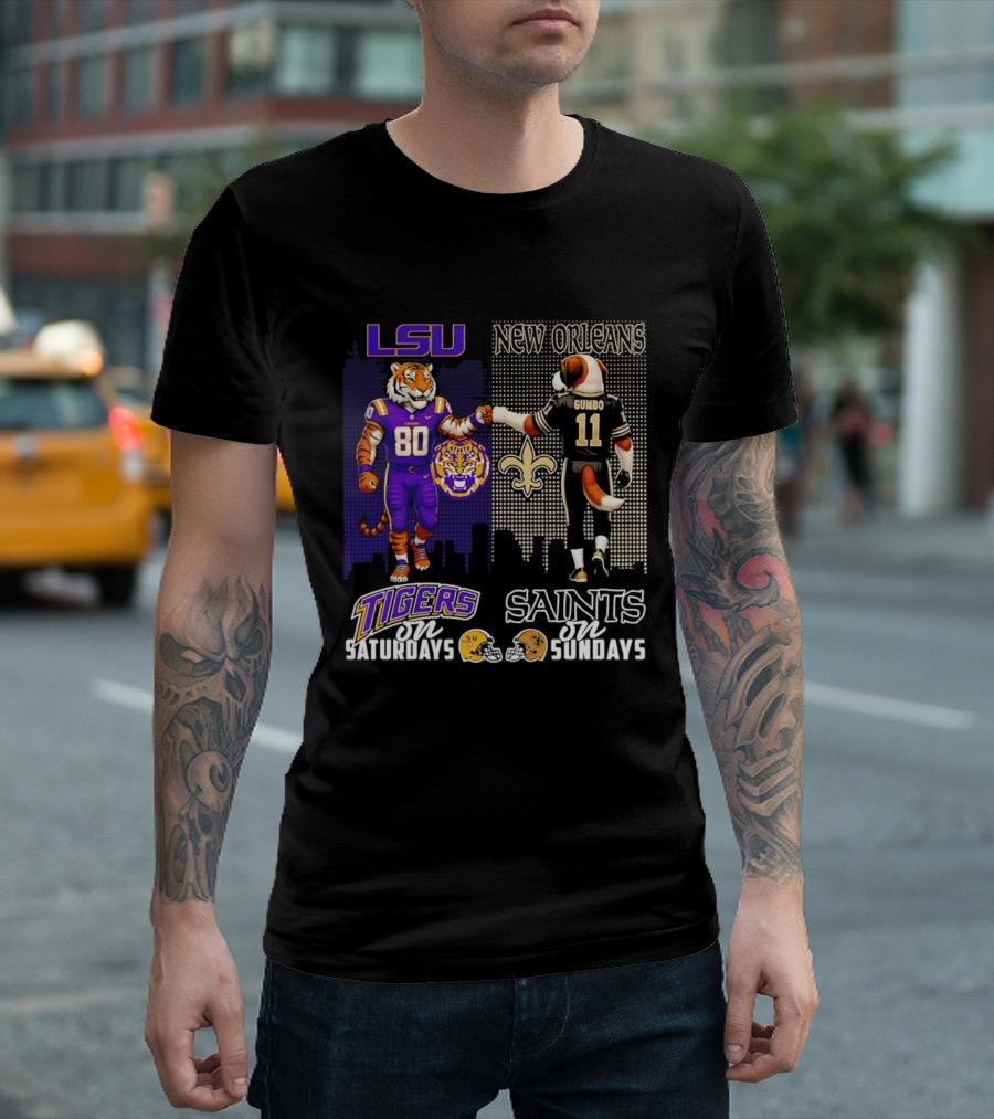 LSU Tigers And New Orleans Saints Football Saturdays And Sundays With City Skyline T-Shirt