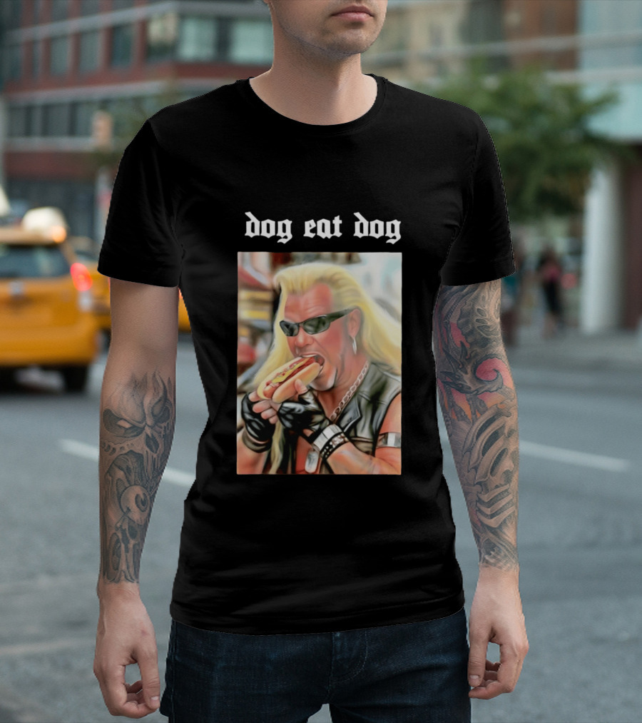 Dog Eat Dog Man Eating Hot Dog Sunglasses Blonde Long Hair T-Shirt