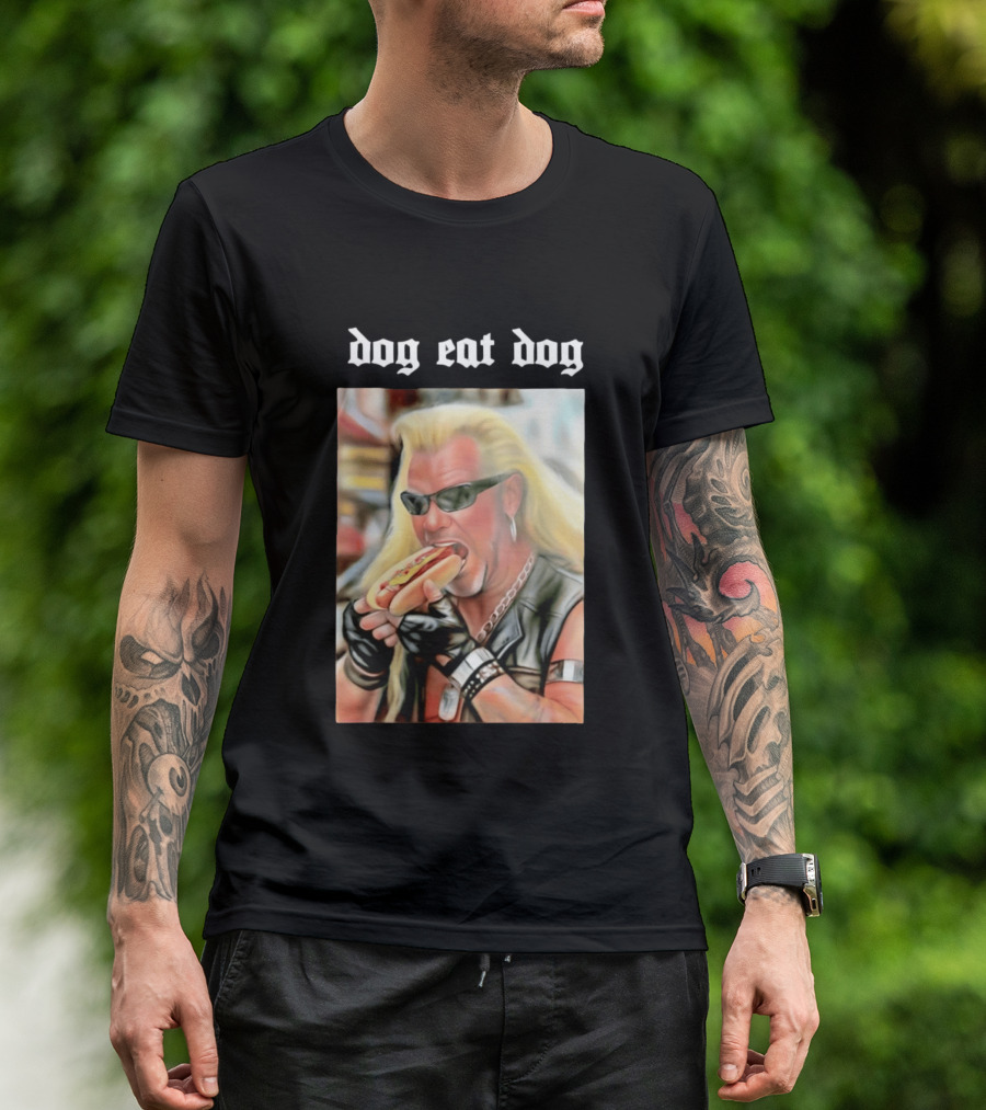 Dog Eat Dog Man Eating Hot Dog Sunglasses Blonde Long Hair T-Shirt