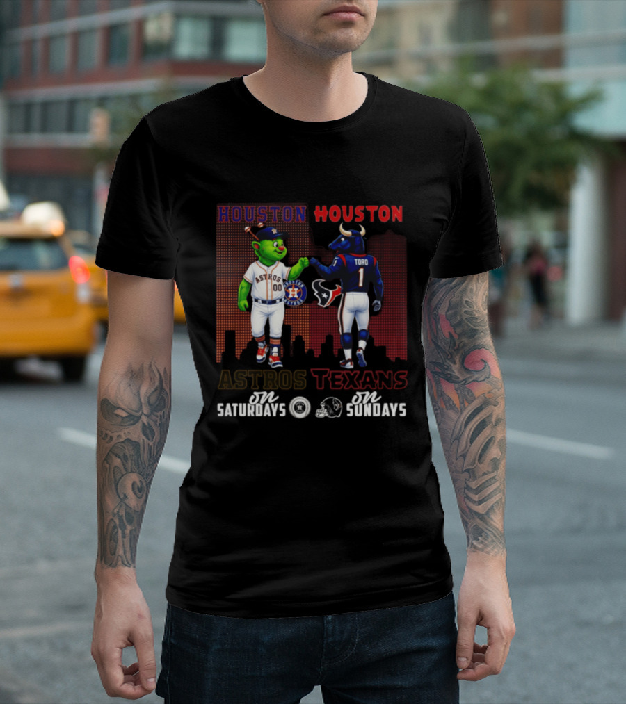 Houston Astros Orbit And Houston Texans Toro Skyline Saturdays Vs Sundays T-Shirt