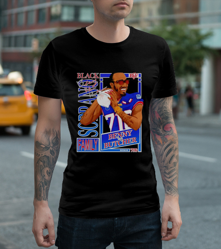 Benny The Butcher Black Soprano Family Buffalo Bills 716 Montana Ave T-Shirt