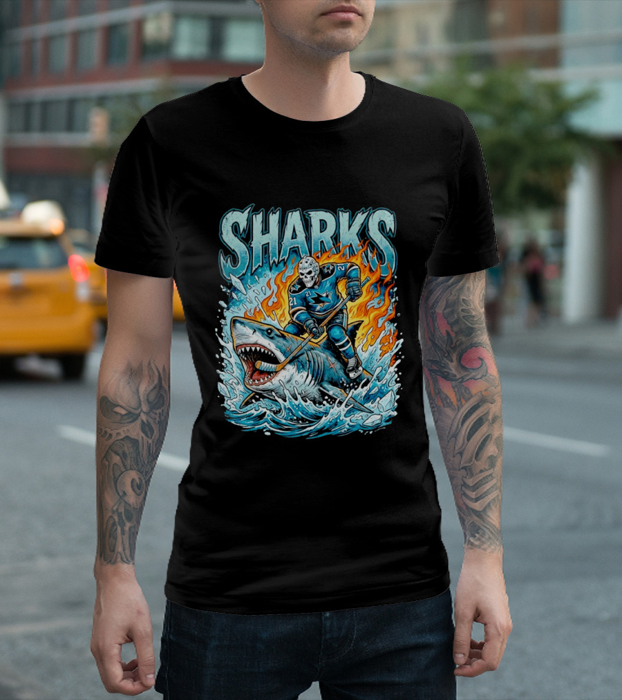 San Jose Sharks Hockey Player Riding Shark With Flames And Ice T-Shirt