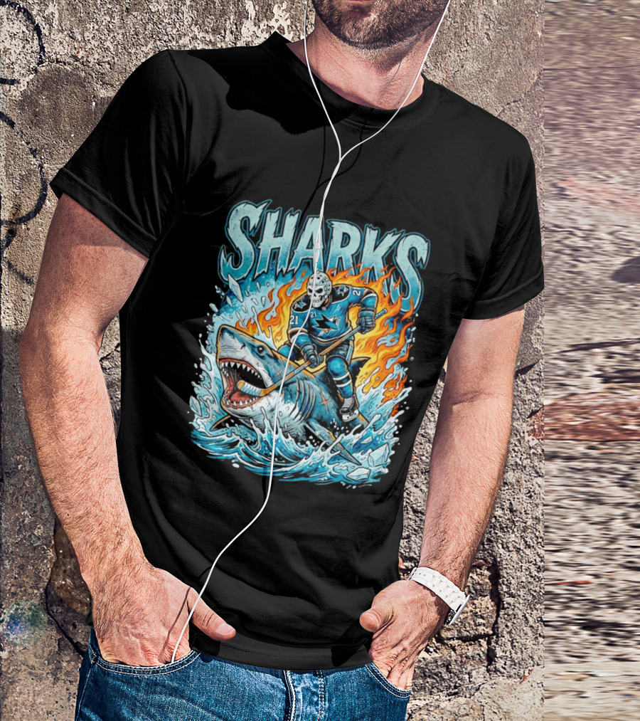 San Jose Sharks Hockey Player Riding Shark With Flames And Ice T-Shirt