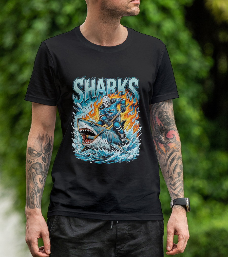 San Jose Sharks Hockey Player Riding Shark With Flames And Ice T-Shirt