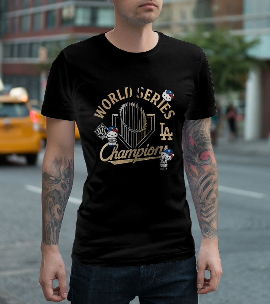 Los Angeles Dodgers World Series Champions Yoshinobu Yamamoto X Hello Kitty Golden Trophy T-Shirt
