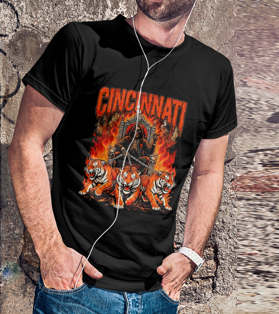 Cincinnati Skull Tiger Throne Fire Chains T-Shirt