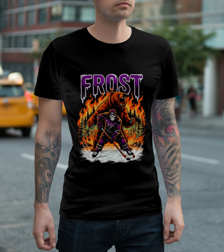 Frost Minnesota Hockey Skull Bear Flames Ice Rink T-Shirt