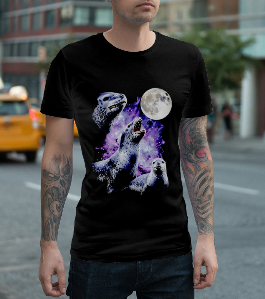 Three Leopard Seals Under Moonlight With Starry Purple Night Sky T-Shirt
