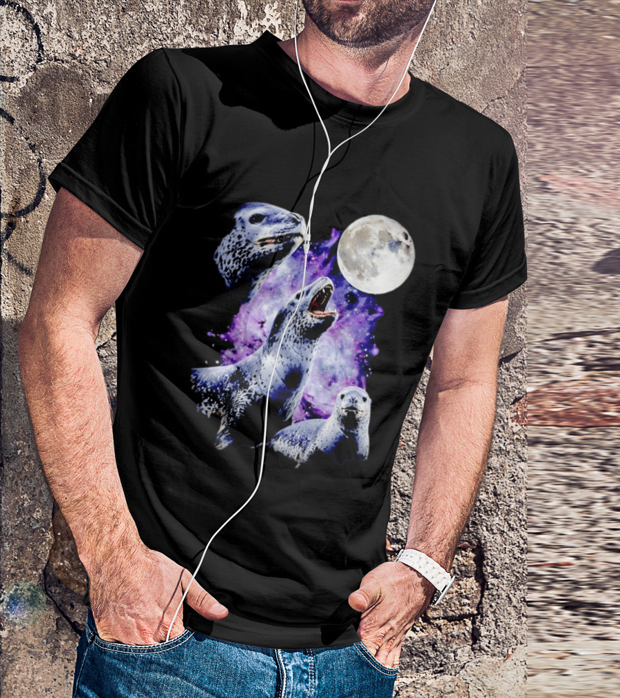 Three Leopard Seals Under Moonlight With Starry Purple Night Sky T-Shirt