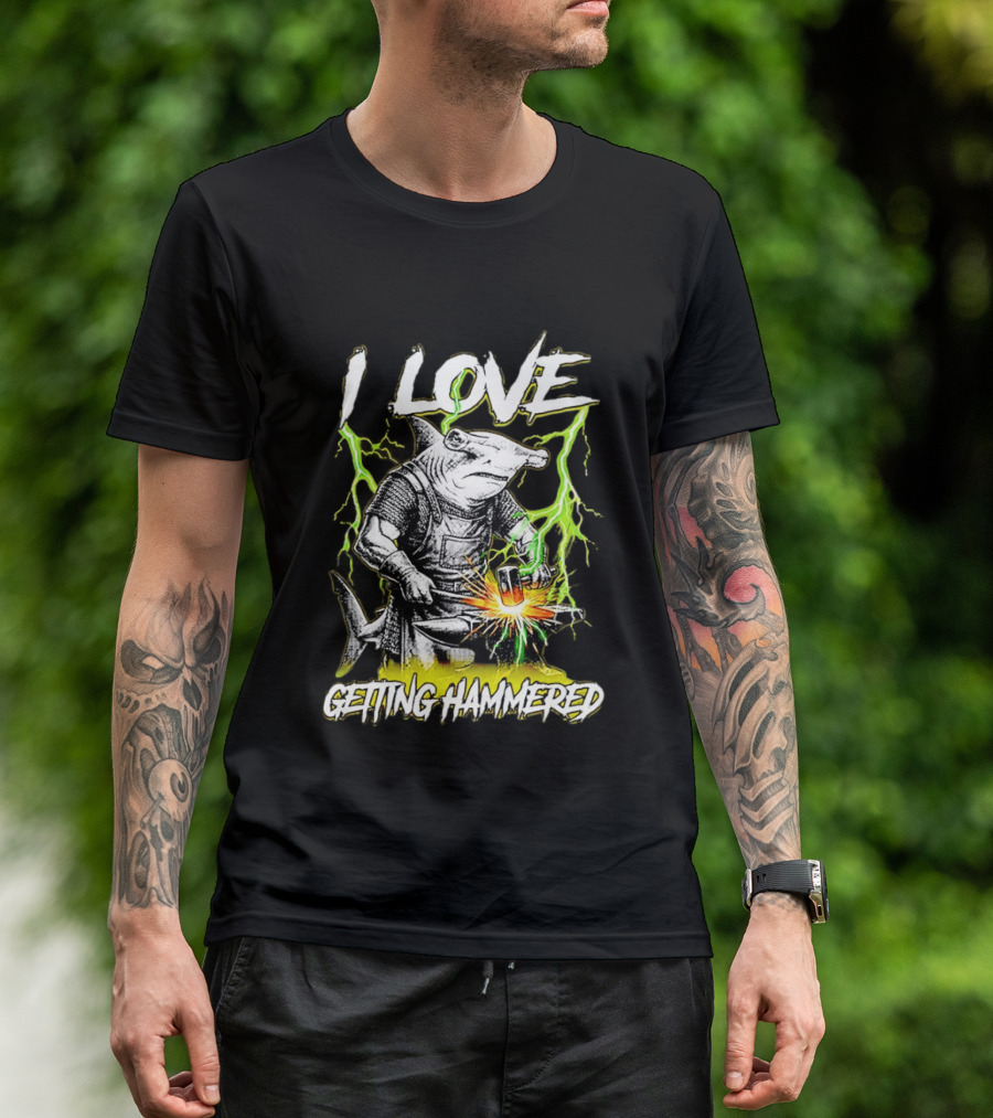 I Love Getting Hammered Hammerhead Shark Lightning Blacksmith Hammering T-Shirt