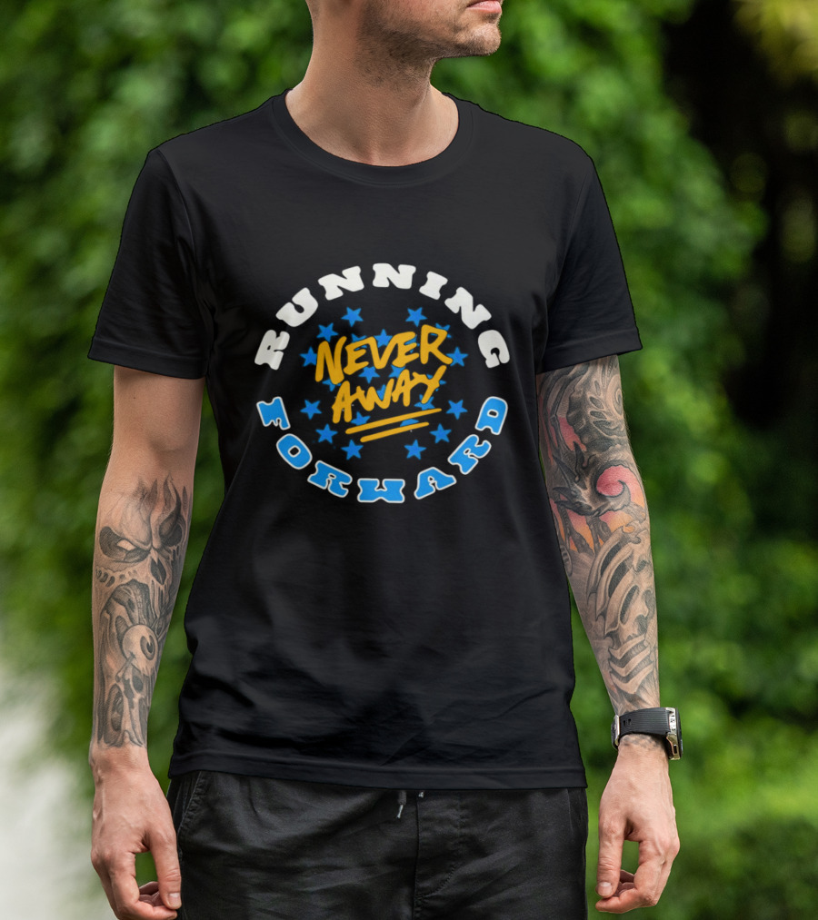 Running Forward Never Away Blue Stars Yellow T-Shirt