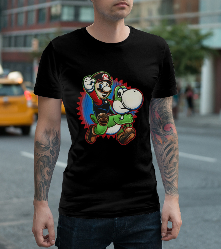 Mario And Yoshi Ride The Green Dino Classic Cartoon Adventure T-Shirt