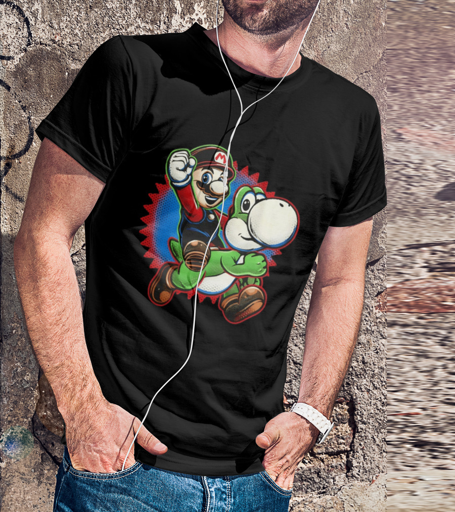 Mario And Yoshi Ride The Green Dino Classic Cartoon Adventure T-Shirt