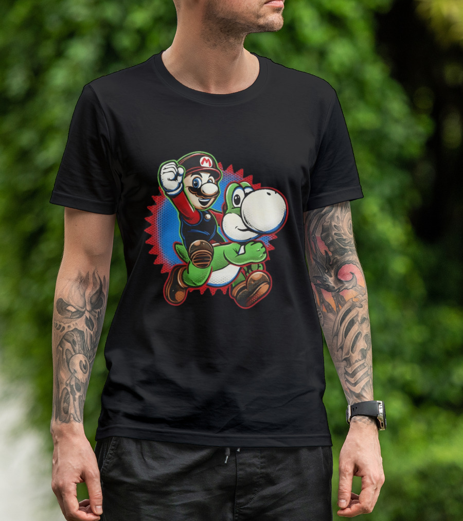 Mario And Yoshi Ride The Green Dino Classic Cartoon Adventure T-Shirt