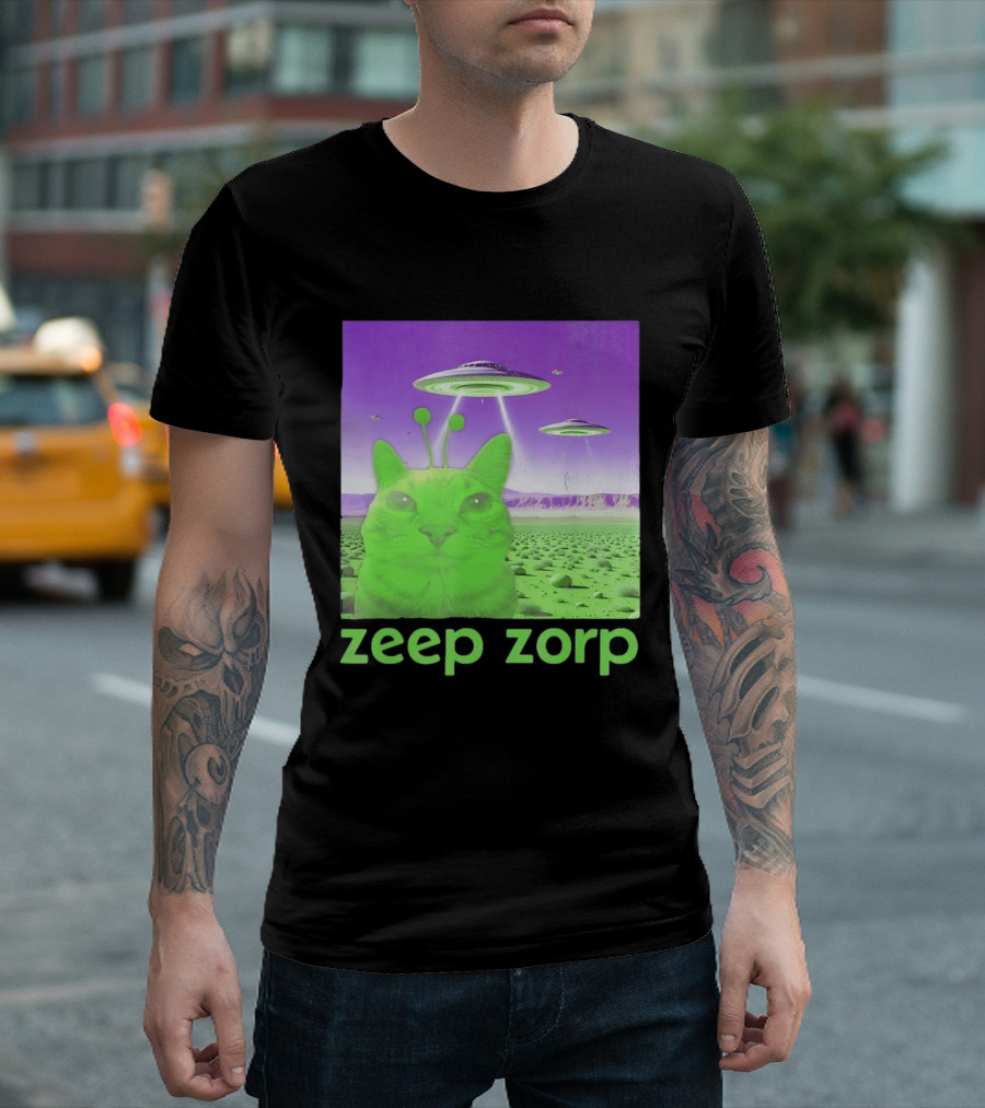 Zeep Zorp Green Cat Alien With UFOs In Space Desert Scenery T-Shirt
