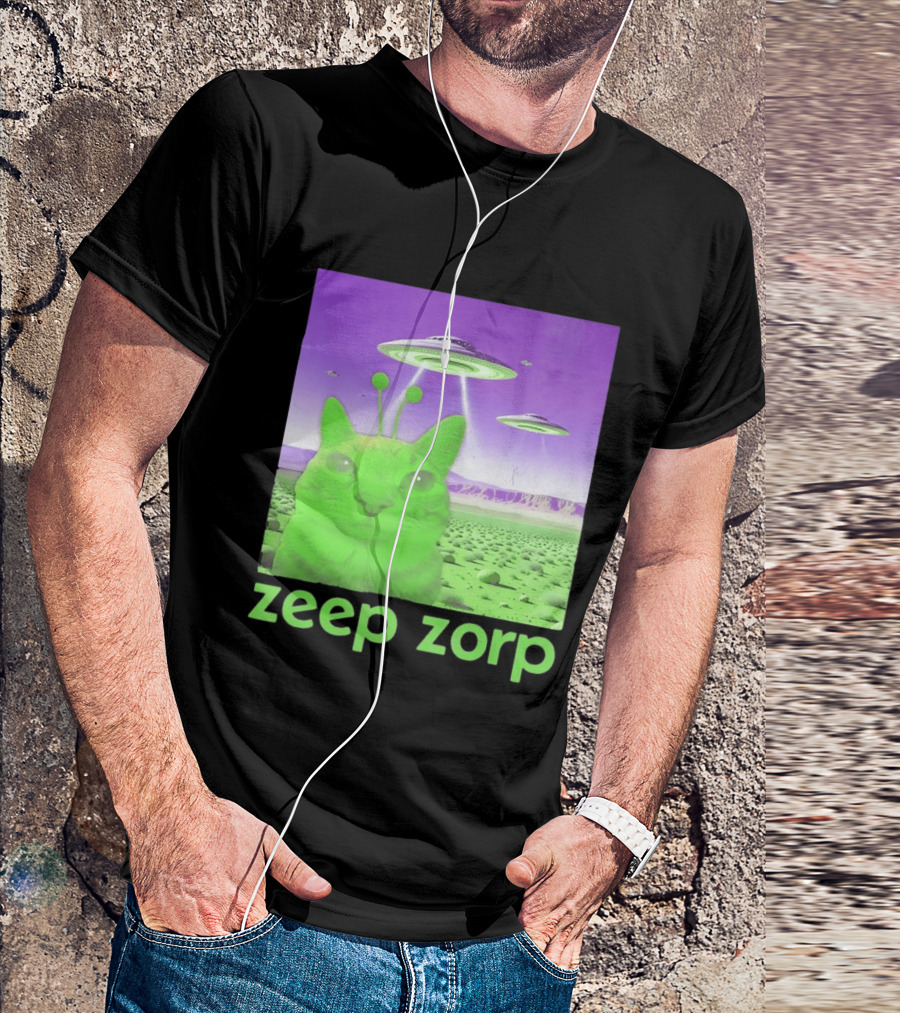 Zeep Zorp Green Cat Alien With UFOs In Space Desert Scenery T-Shirt