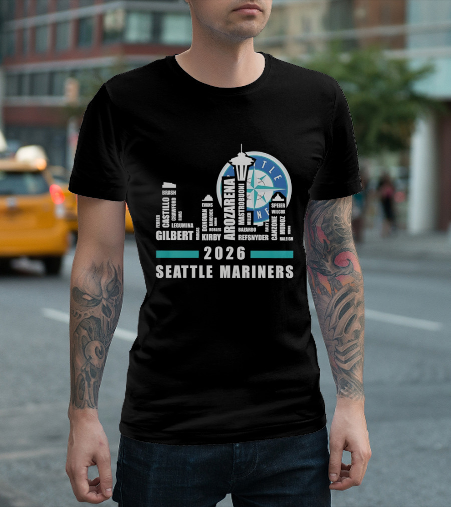 2026 Seattle Mariners City Connect Skyline With Player Names And Space Needle T-Shirt