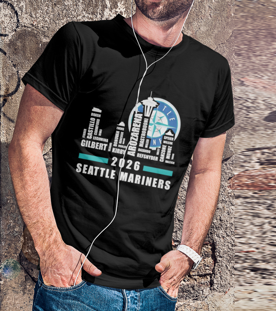 2026 Seattle Mariners City Connect Skyline With Player Names And Space Needle T-Shirt