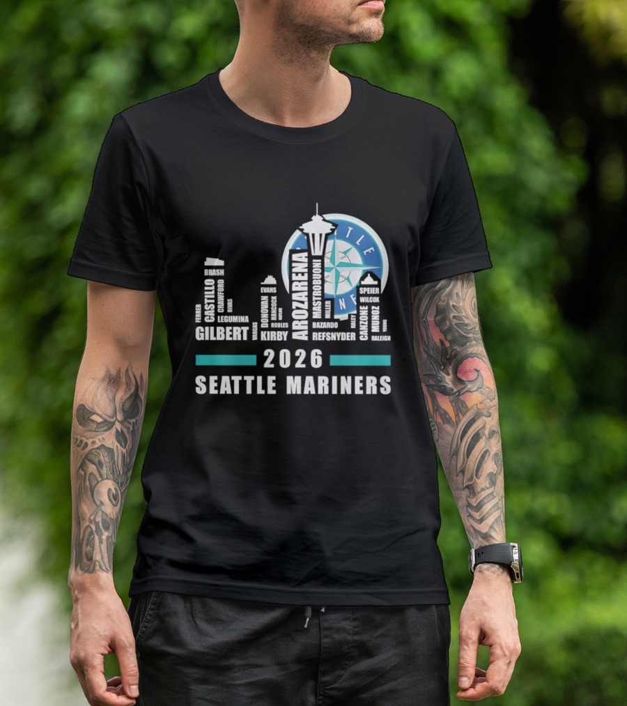 2026 Seattle Mariners City Connect Skyline With Player Names And Space Needle T-Shirt