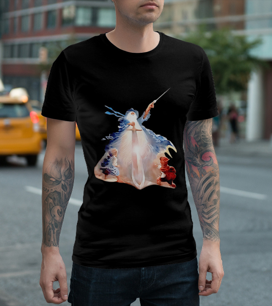 The Lord Of The Rings Gandalf And Hobbits Magic Sword Fantasy Scene T-Shirt