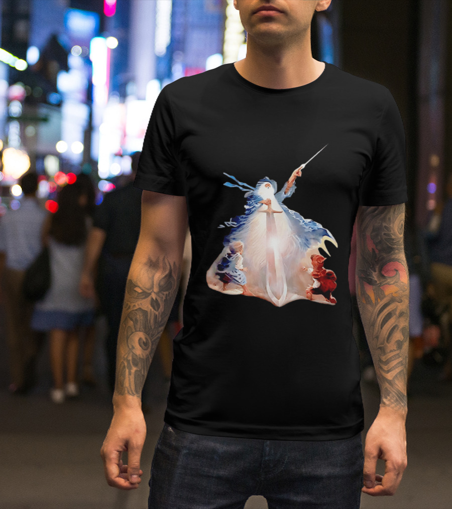 The Lord Of The Rings Gandalf And Hobbits Magic Sword Fantasy Scene T-Shirt