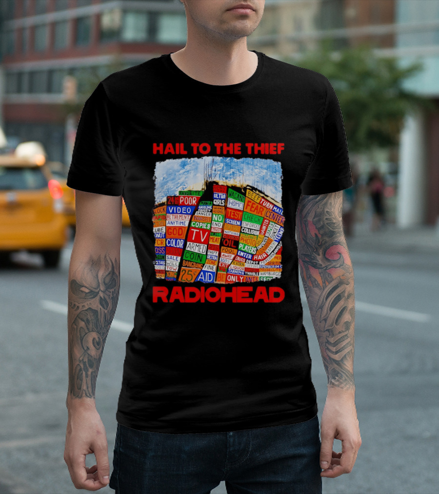 Radiohead Hail To The Thief Album Cover Colorful Text Collage 24HR TV 25 Aid T-Shirt