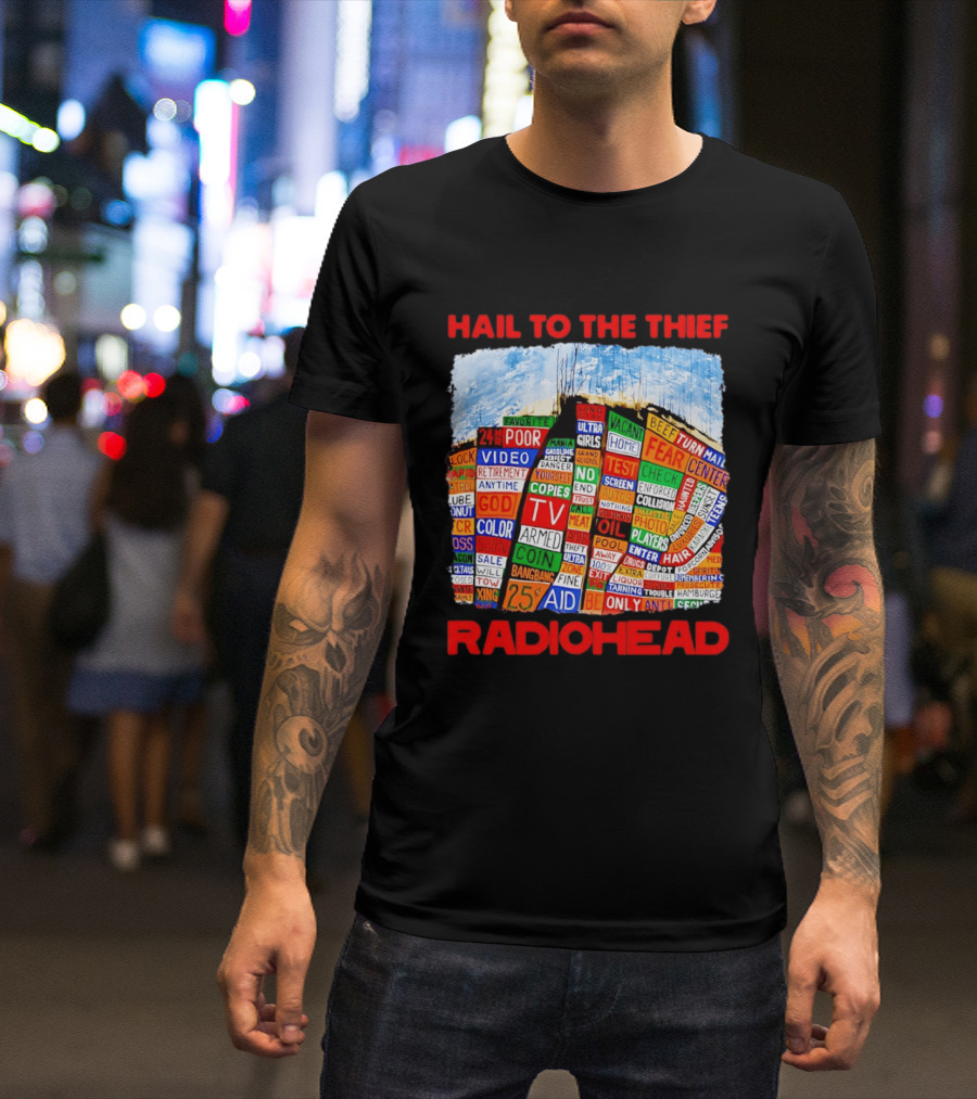 Radiohead Hail To The Thief Album Cover Colorful Text Collage 24HR TV 25 Aid T-Shirt