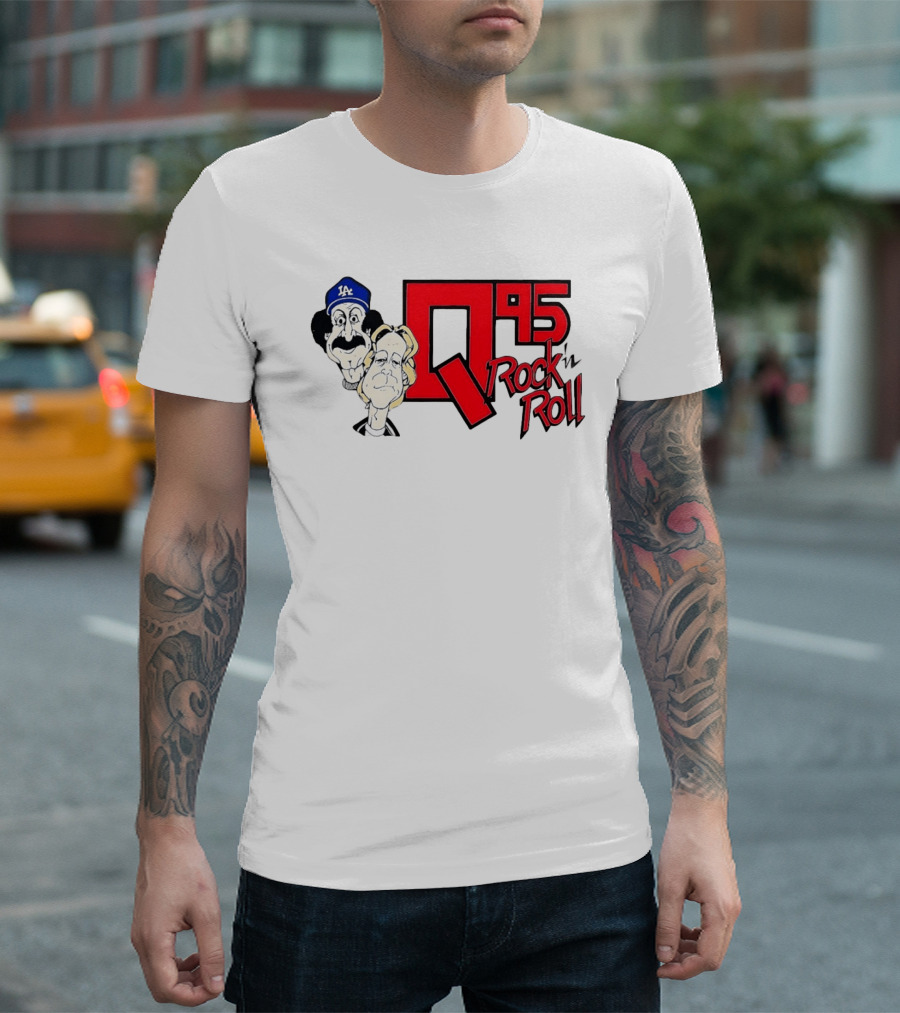 Q95 Rock 'n Roll Characters Wearing LA Dodgers Hat T-Shirt