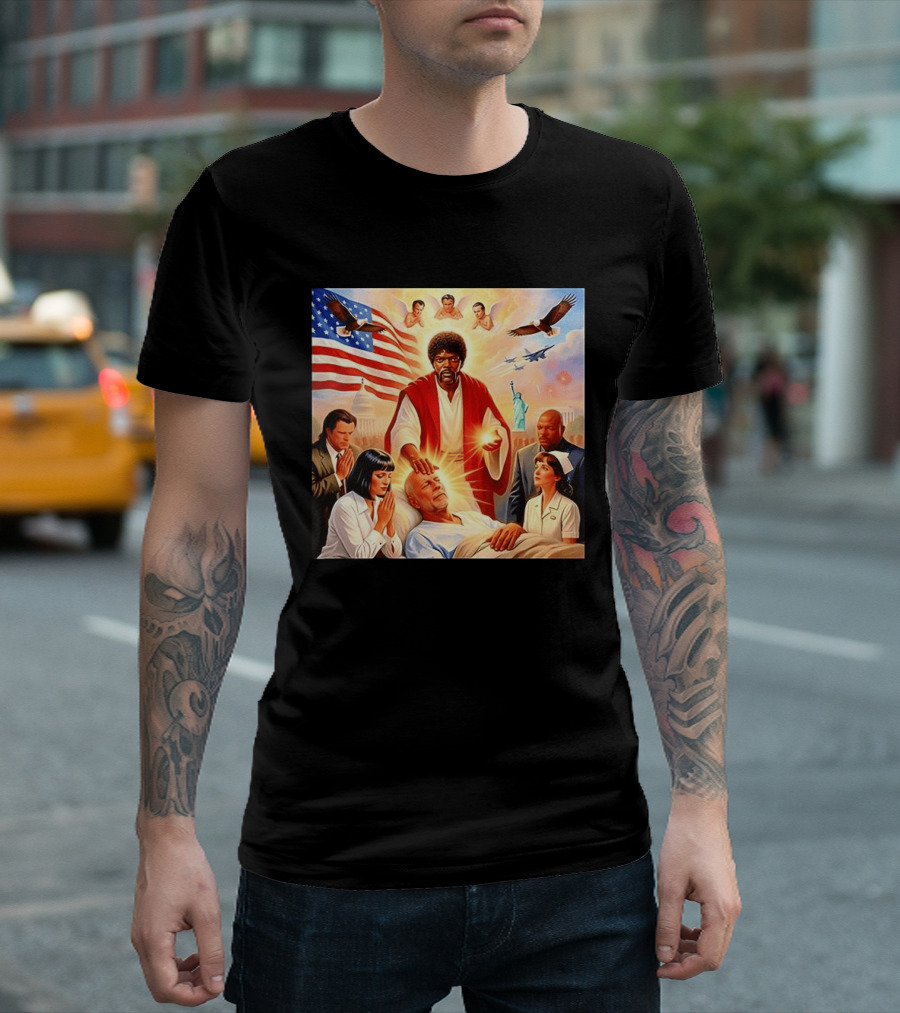 Samuel L. Jackson Exorcism Scene With Bruce Willis And US Patriotic Elements Meme T-Shirt
