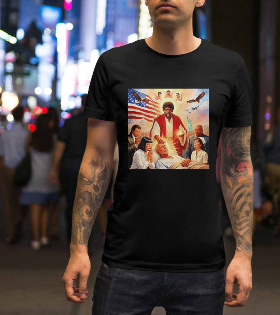 Samuel L. Jackson Exorcism Scene With Bruce Willis And US Patriotic Elements Meme T-Shirt