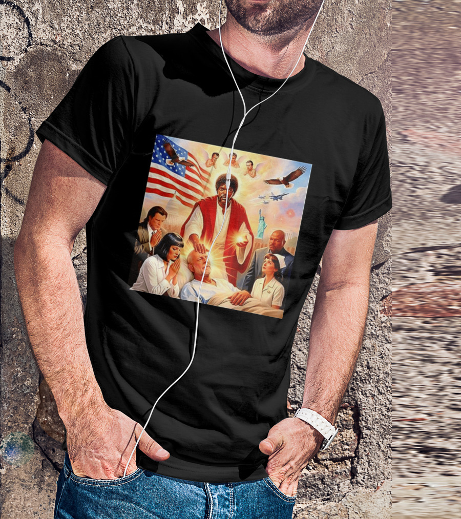 Samuel L. Jackson Exorcism Scene With Bruce Willis And US Patriotic Elements Meme T-Shirt