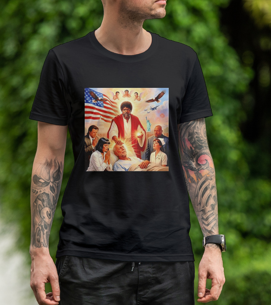 Samuel L. Jackson Exorcism Scene With Bruce Willis And US Patriotic Elements Meme T-Shirt