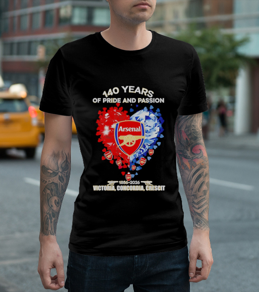 Arsenal 140 Years Of Pride And Passion Victoria Concordia Crescit 1886 2026 Heart Badge Crest T-Shirt