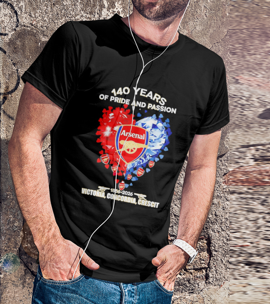 Arsenal 140 Years Of Pride And Passion Victoria Concordia Crescit 1886 2026 Heart Badge Crest T-Shirt