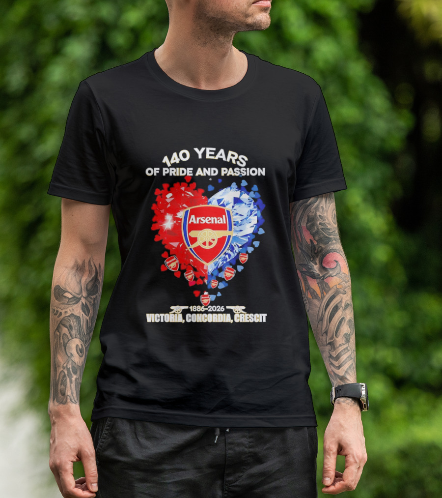 Arsenal 140 Years Of Pride And Passion Victoria Concordia Crescit 1886 2026 Heart Badge Crest T-Shirt