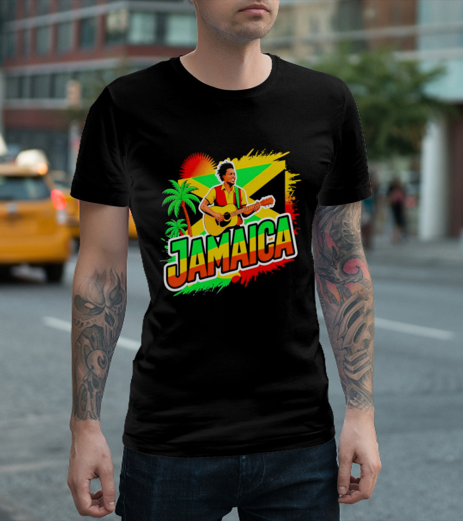 Jamaica Musician 2026 Vibrant Island Vibes Guitarist Flag T-Shirt