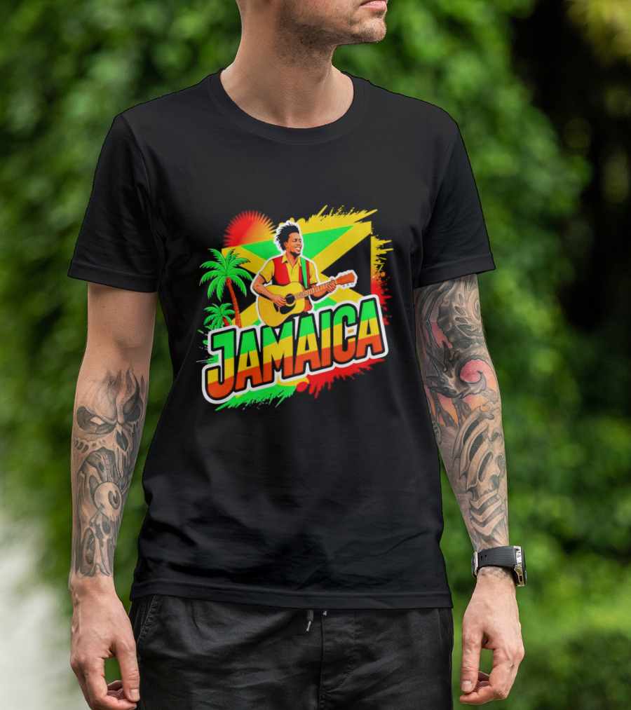 Jamaica Musician 2026 Vibrant Island Vibes Guitarist Flag T-Shirt