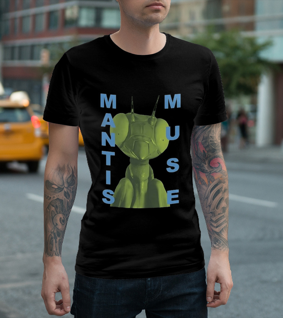 David Shrigley Mantis Muse Green Illustration With Blue T-Shirt