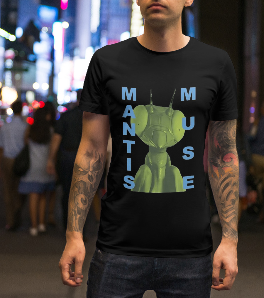 David Shrigley Mantis Muse Green Illustration With Blue T-Shirt