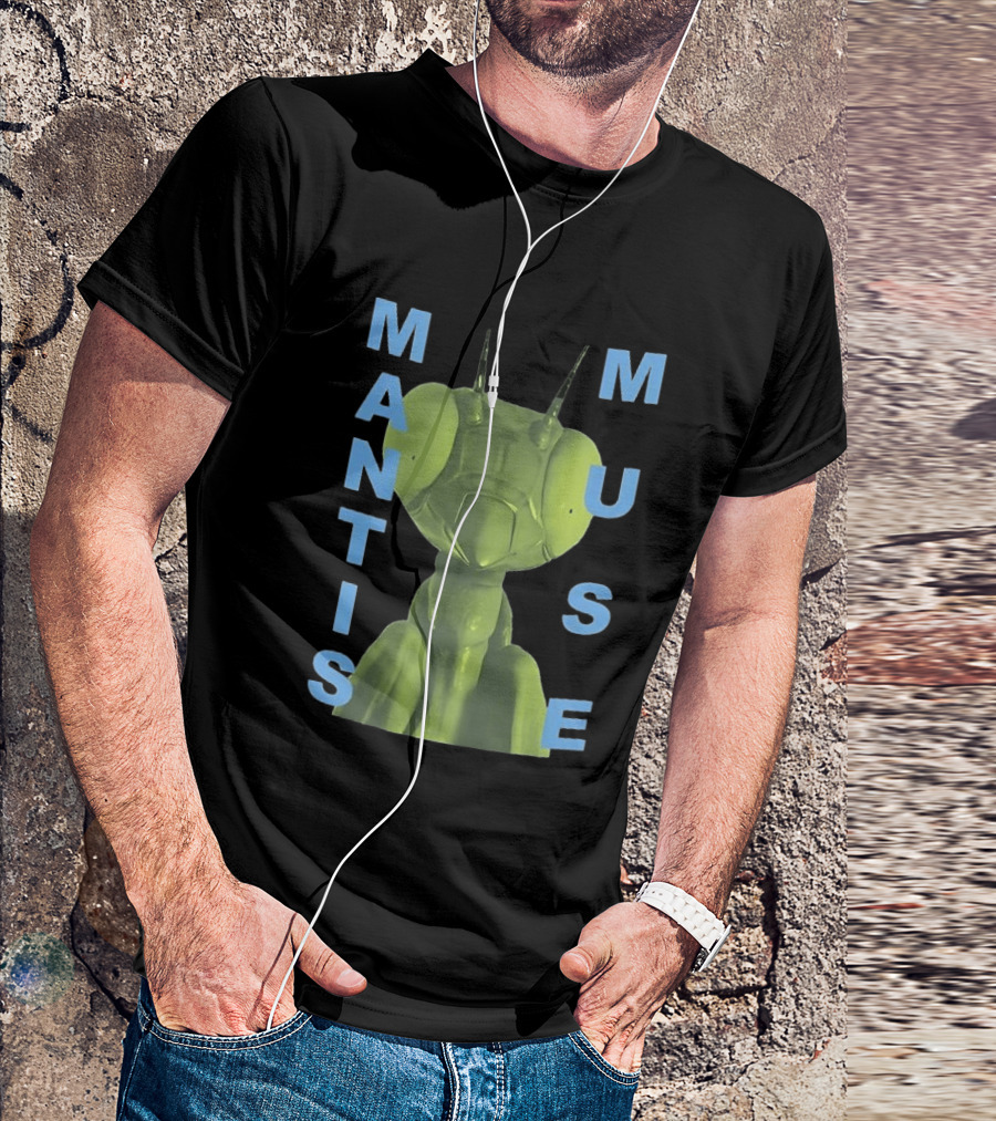 David Shrigley Mantis Muse Green Illustration With Blue T-Shirt