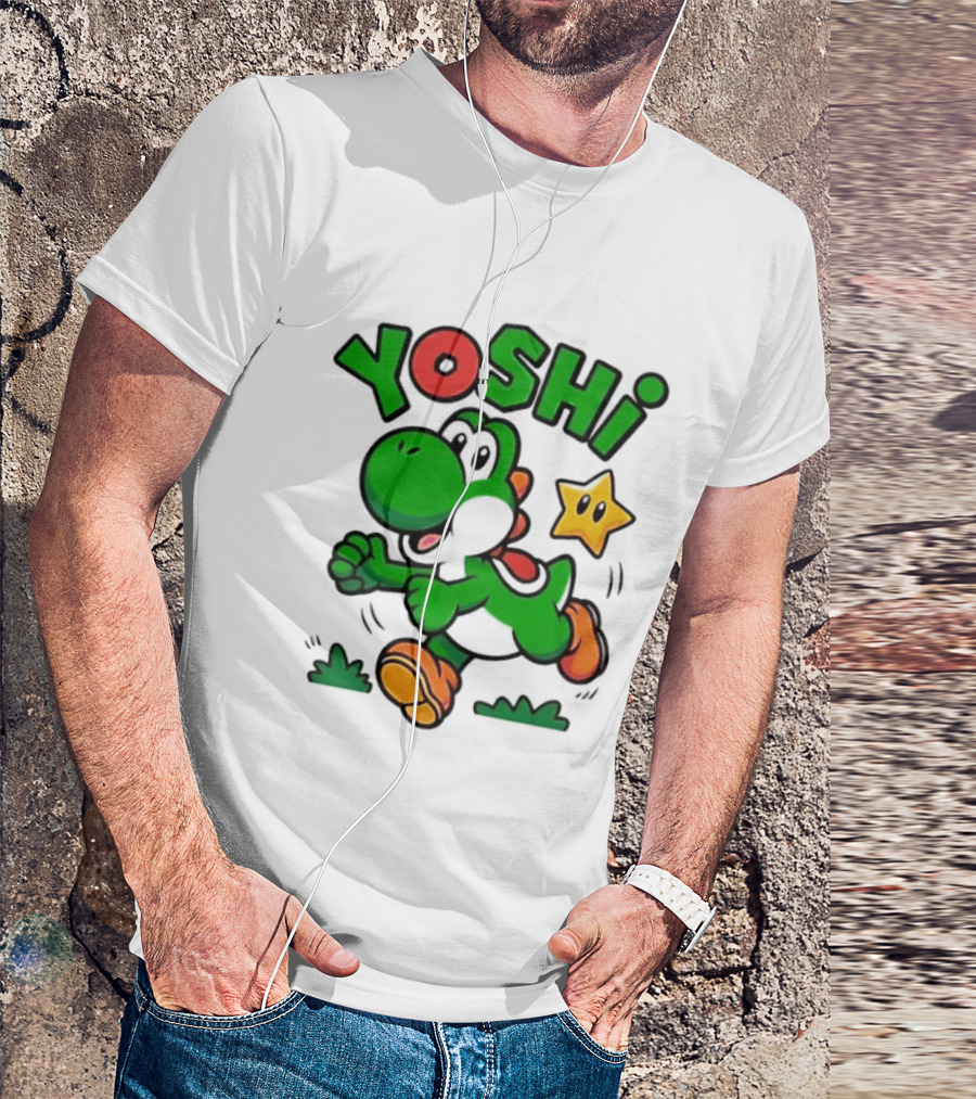 Yoshi Super Mario Green Dinosaur Running With Star T-Shirt