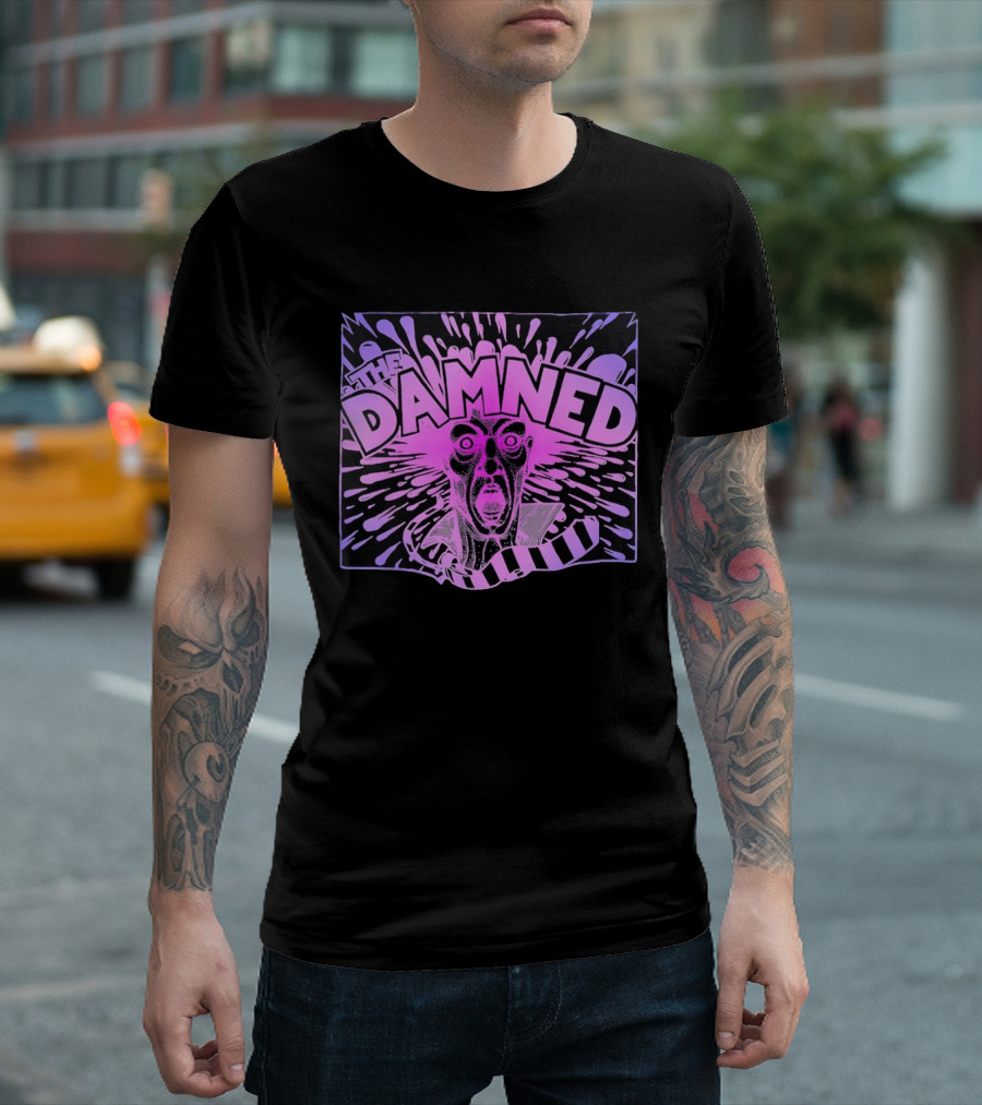 THE DAMNED Horror Face Neon Splatter Purple Black T-Shirt