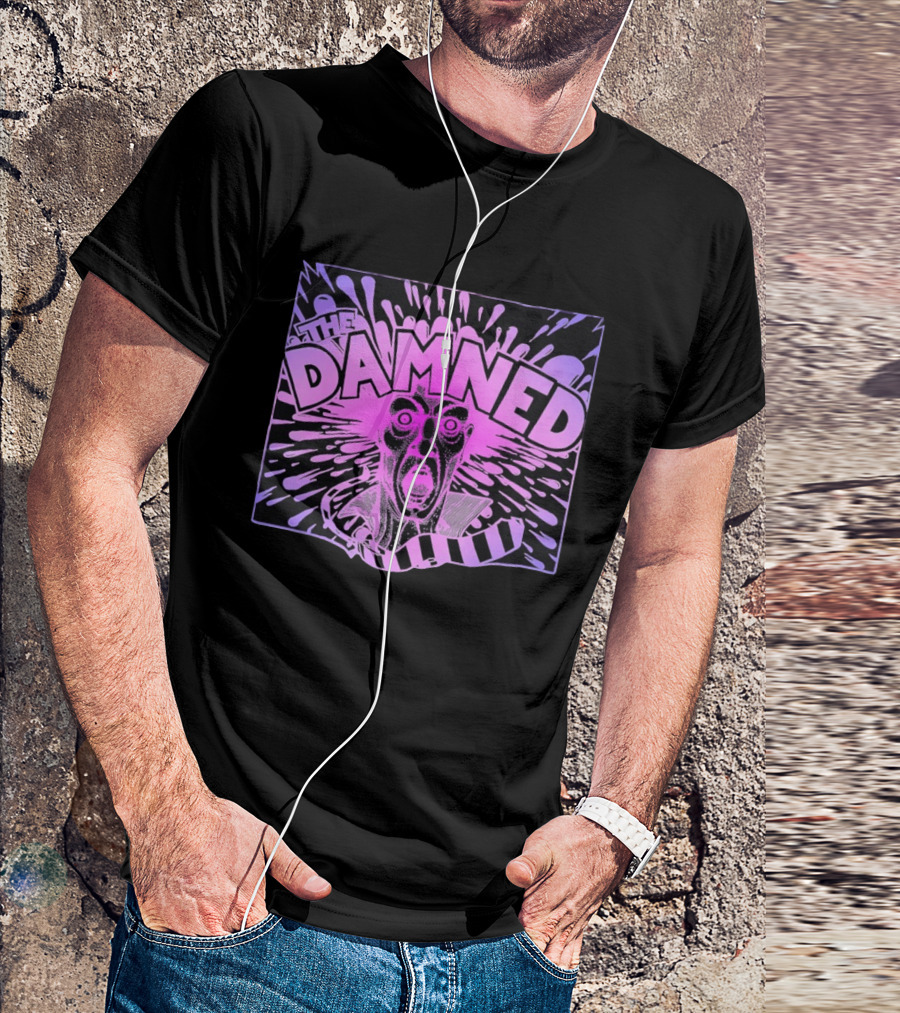 THE DAMNED Horror Face Neon Splatter Purple Black T-Shirt