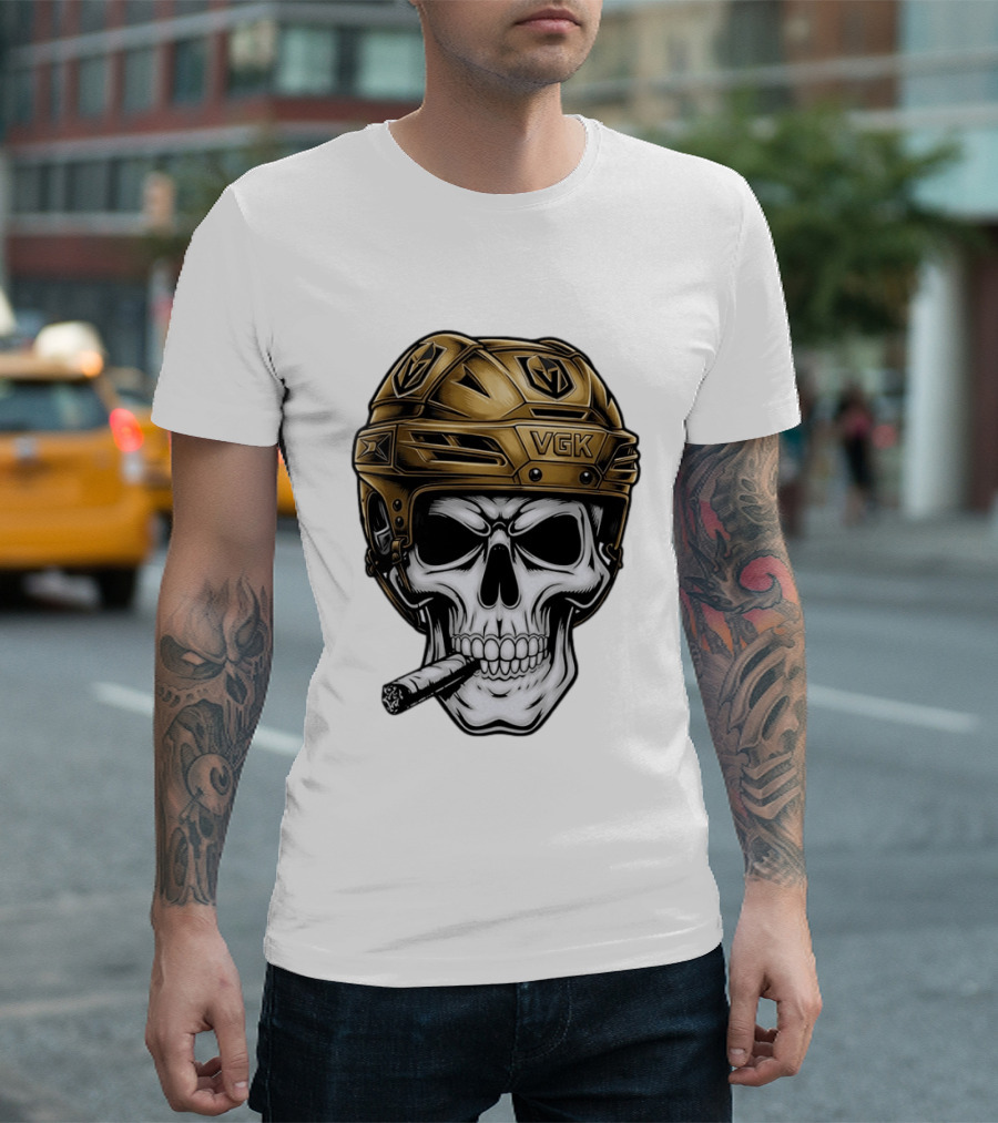 VGK Skull Helmet Vegas Golden Knights Smoking Cigar T-Shirt