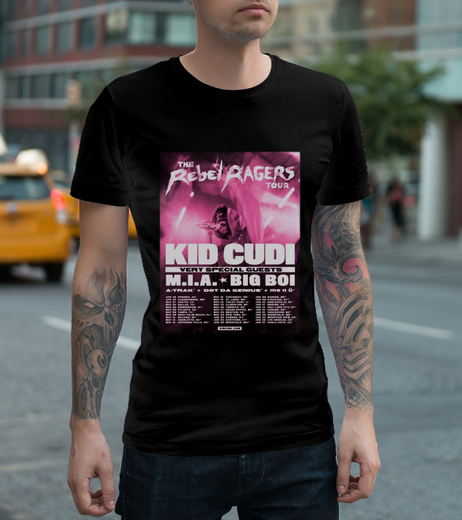 The Rebel Ragers Tour Kid Cudi 2026 Featuring M.I.A. Big Boi A Trak Dot Da Genius Tour Dates T-Shirt